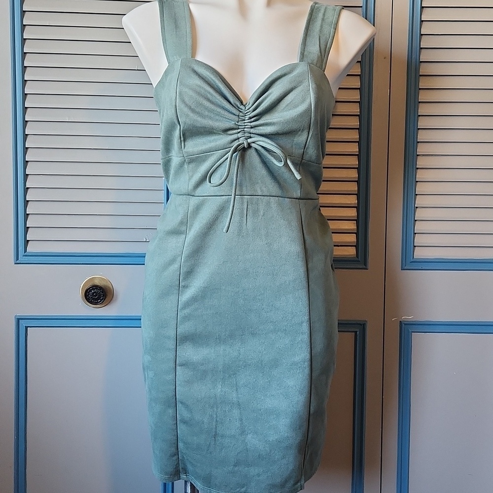 Miami for Francesca’s Ruched Sage Green Mini Dress - Picture 2 of 13